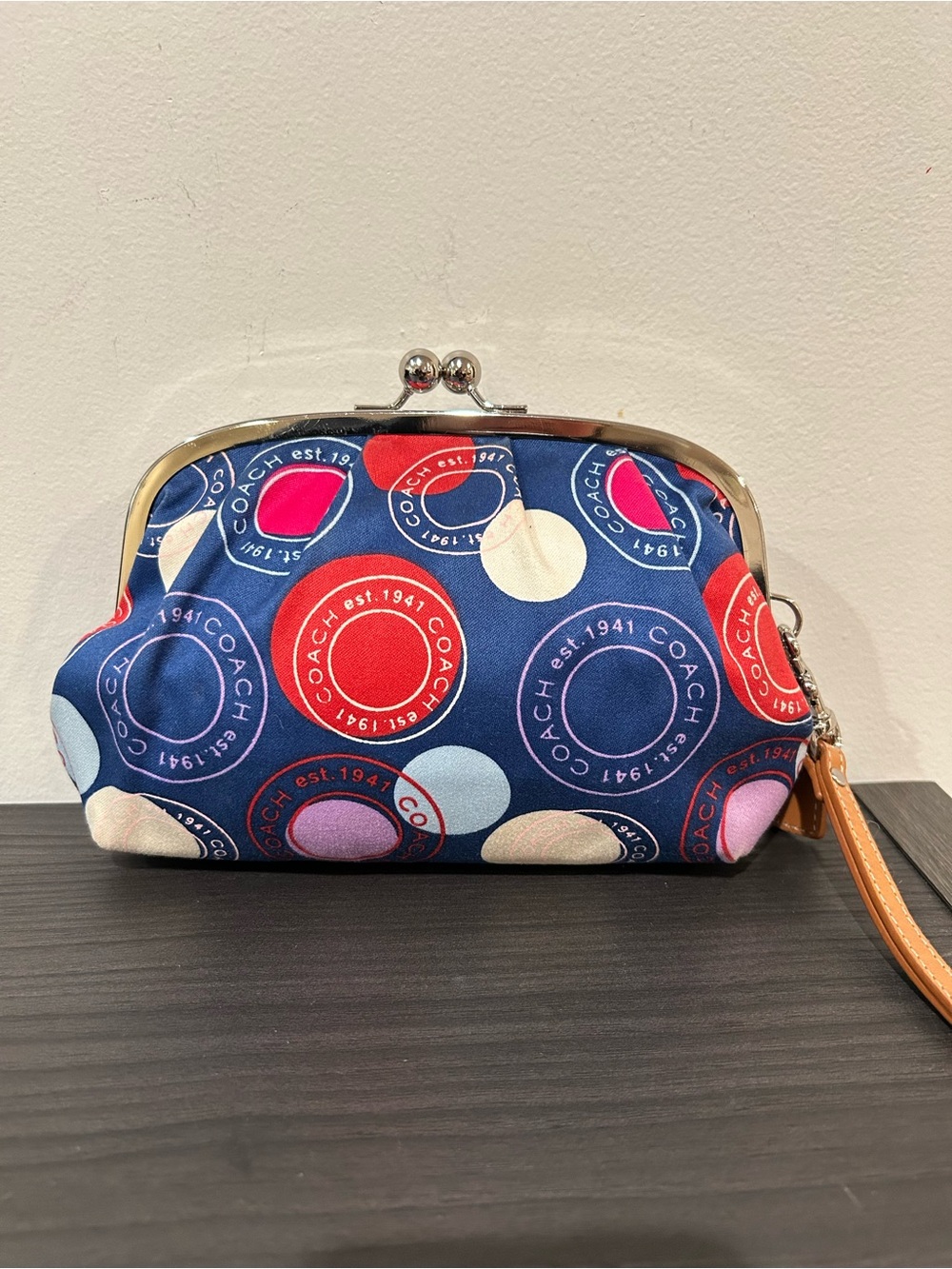 Coach Kiss Lock Closure - Blue Satin Circles and Polka Dot Wristlet/Clutch EUC - Picture 2 of 7